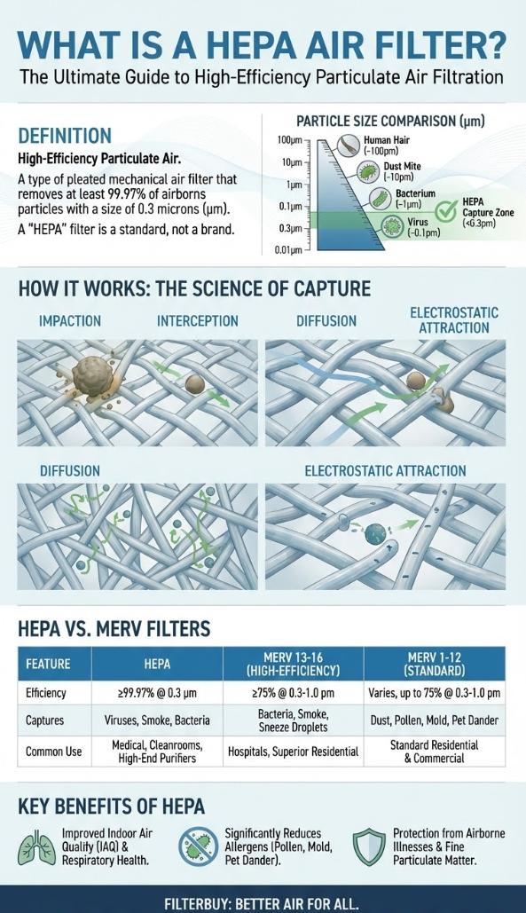 Infographic showing the definition of a HEPA Air filter and its difference with a MERV Filter.
