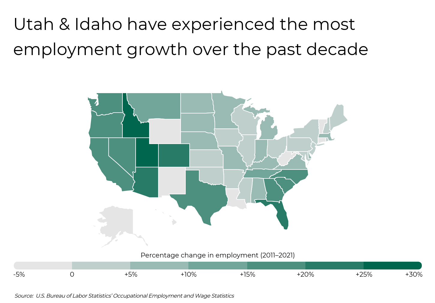 Carte des États‑Unis montrant l’Utah et l’Idaho avec la plus forte croissance de l’emploi entre 2011 et 2021.