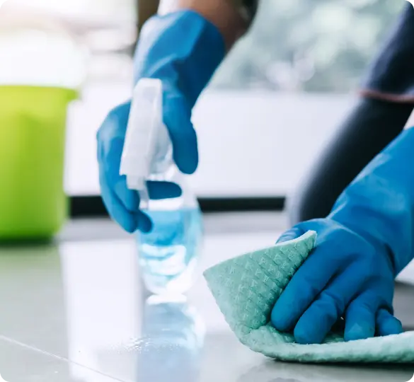 View of hands in gloves cleaning surface with spray and cloth.