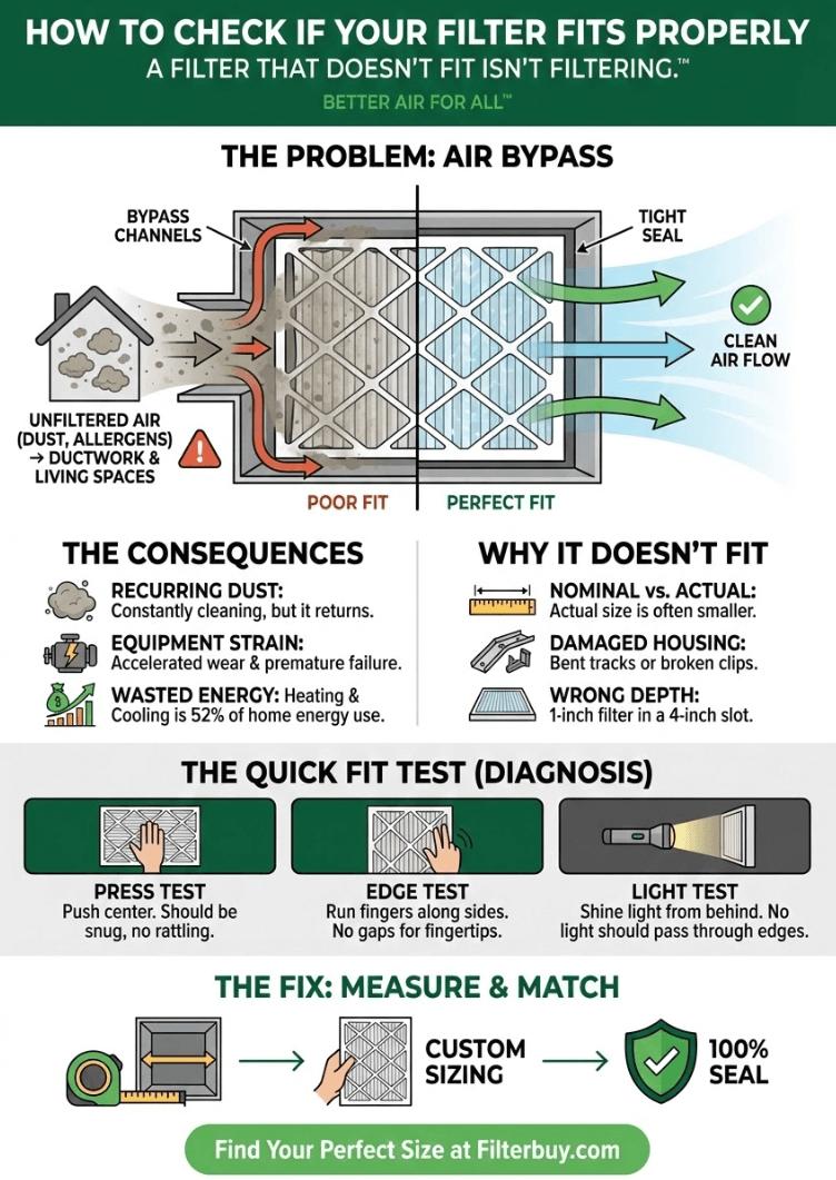 Infographic showing how to check if your filter fits propertly. 