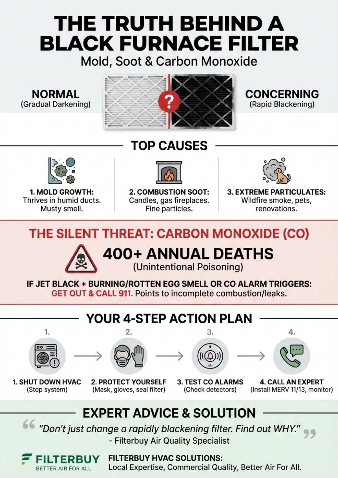 black furnace filter causes mold soot carbon monoxide danger HVAC air filter issues