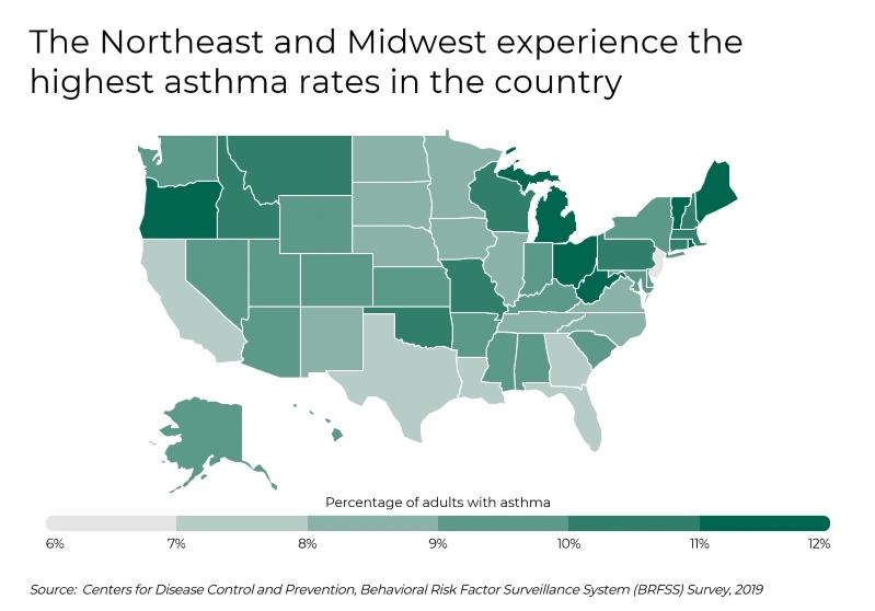 Villes ayant le plus de cas d’asthme – Infographie de la carte des États‑Unis montrant des taux d’asthme plus élevés dans le Nord‑Est et le Midwest, avec des taux variant de 6 % à 12 %.
