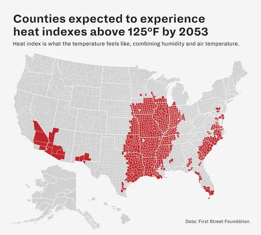 Image of U.S. map showing counties expected to experience heat indexes above 125°F by 2053, highlighting high-risk areas in red.