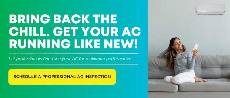 Image of a woman relaxing with AC service ad promoting professional inspection.