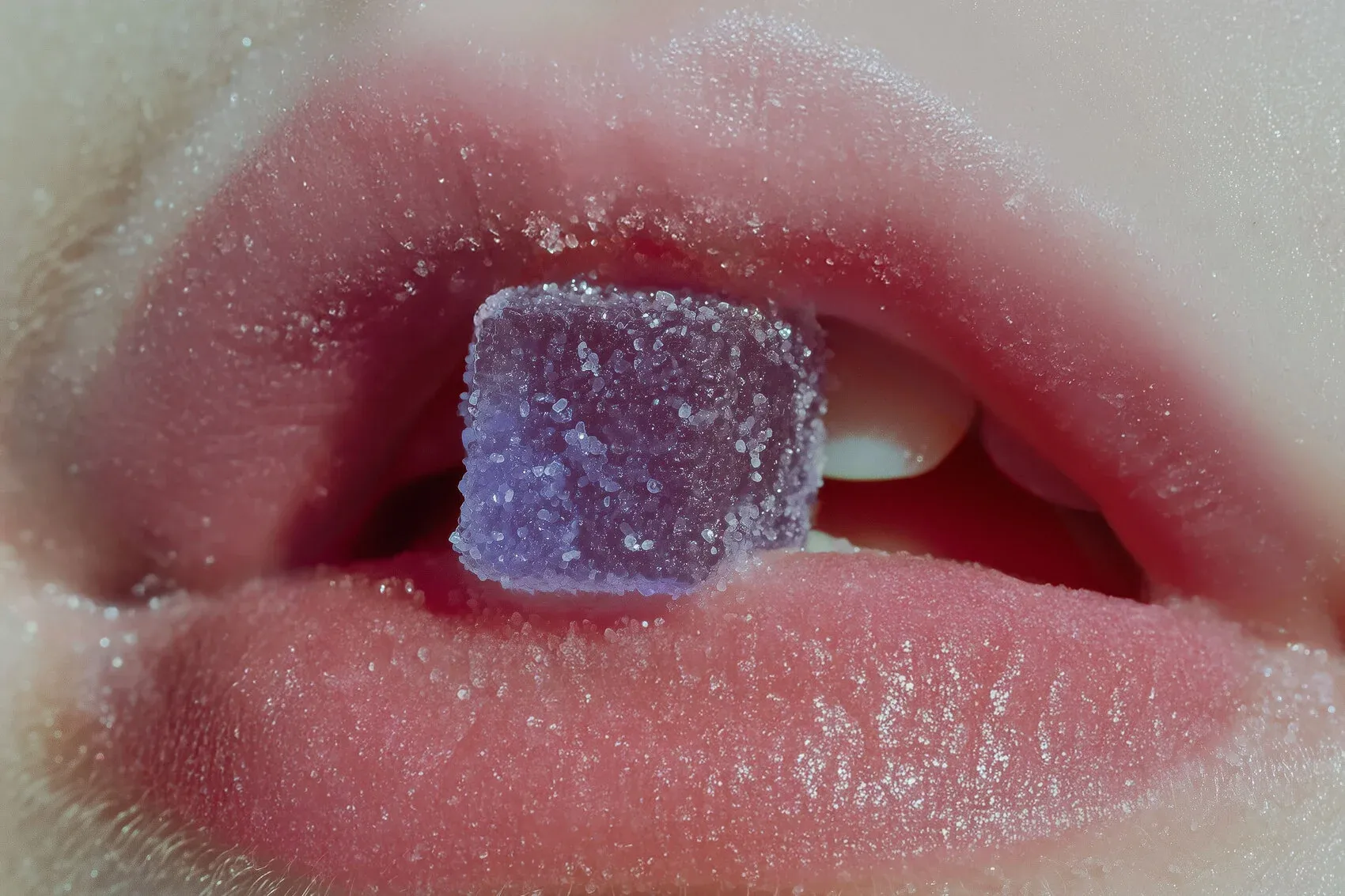 Close up of a mouth with a purple gummy