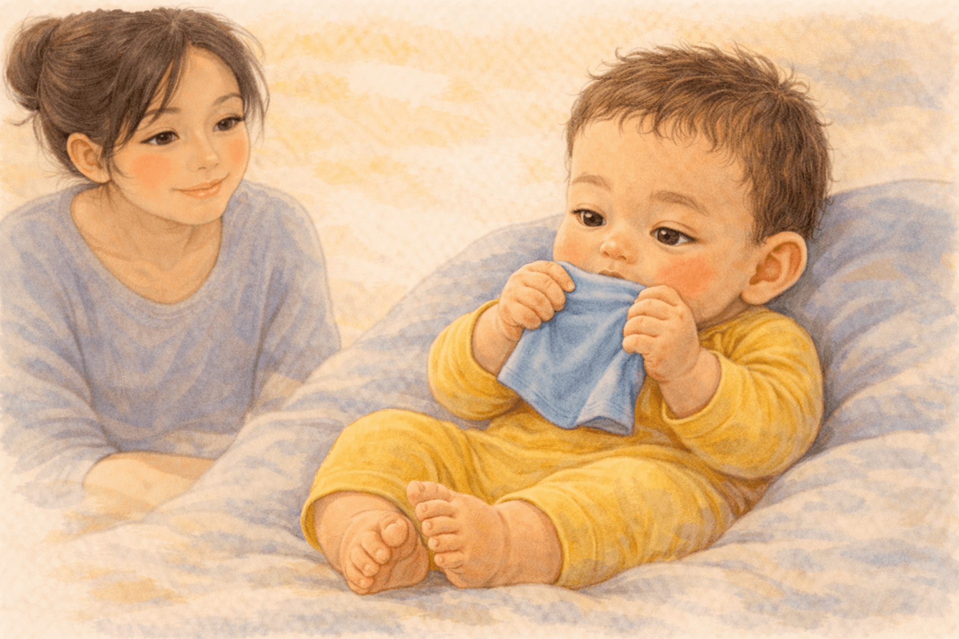 Four month old baby exploring soft fabric by bringing it to mouth — mouthing is how babies map texture and shape at this age