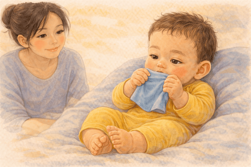 Four month old baby exploring soft fabric by bringing it to mouth — mouthing is how babies map texture and shape at this age