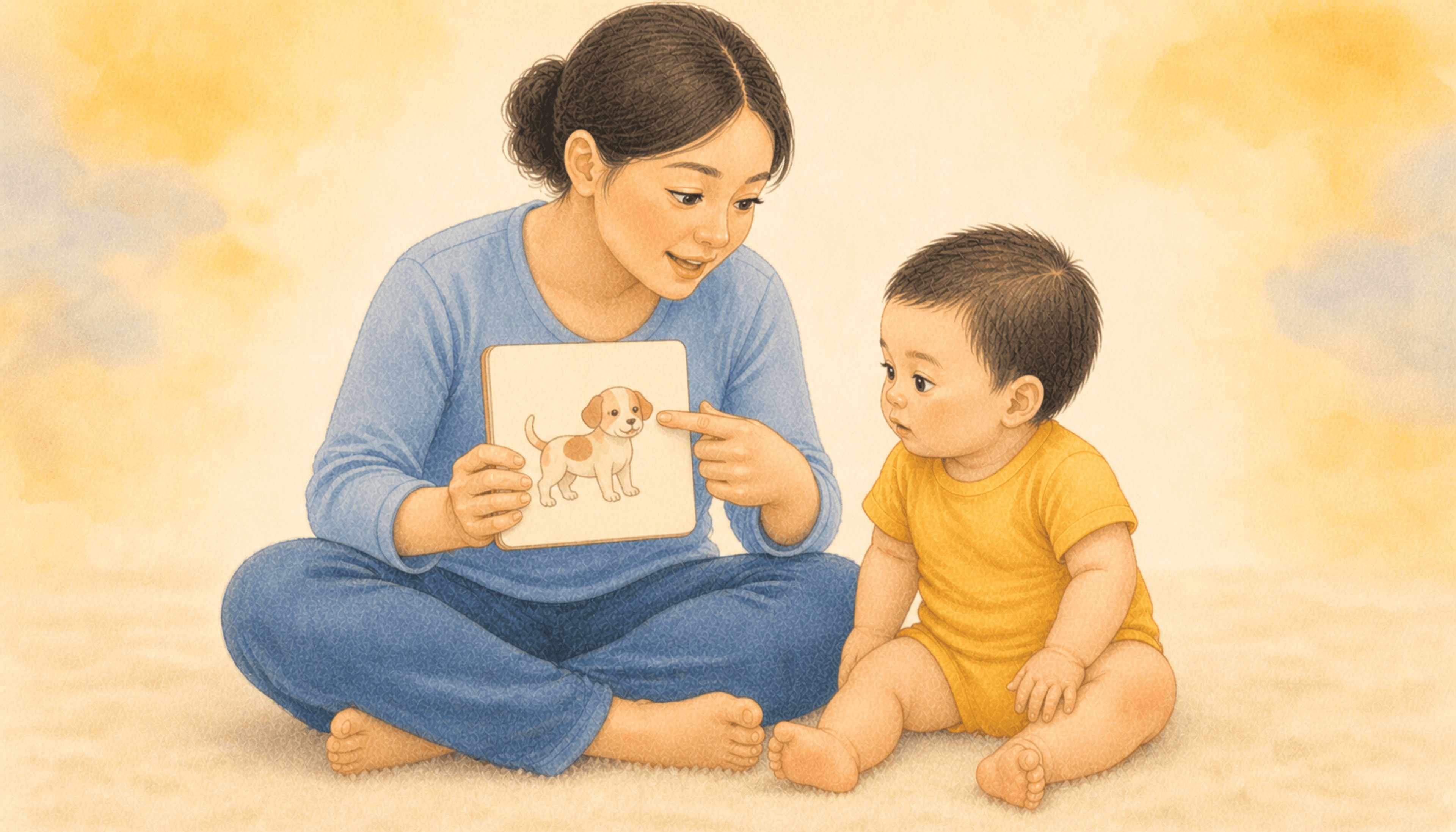 Mother pointing at the illustration on a closed board book cover while her eleven-month-old baby watches — gesture-following activity for 11 month old language development