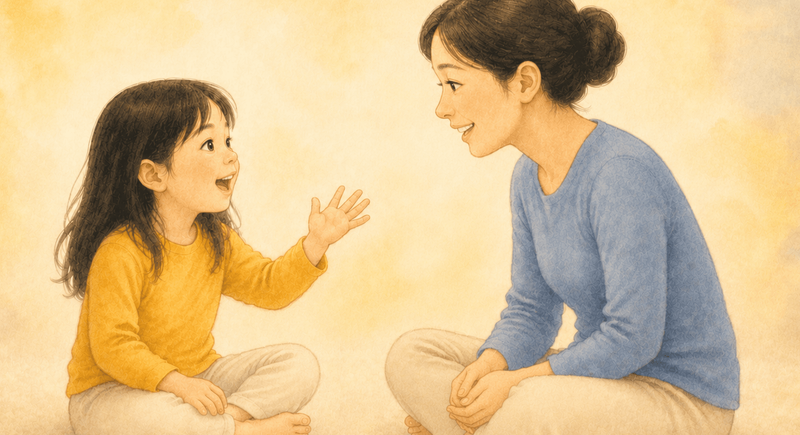 Five-year-old child gesturing expressively while narrating a story to an attentive mother seated on a cream rug — oral storytelling activities for 5 year olds that build reading comprehension