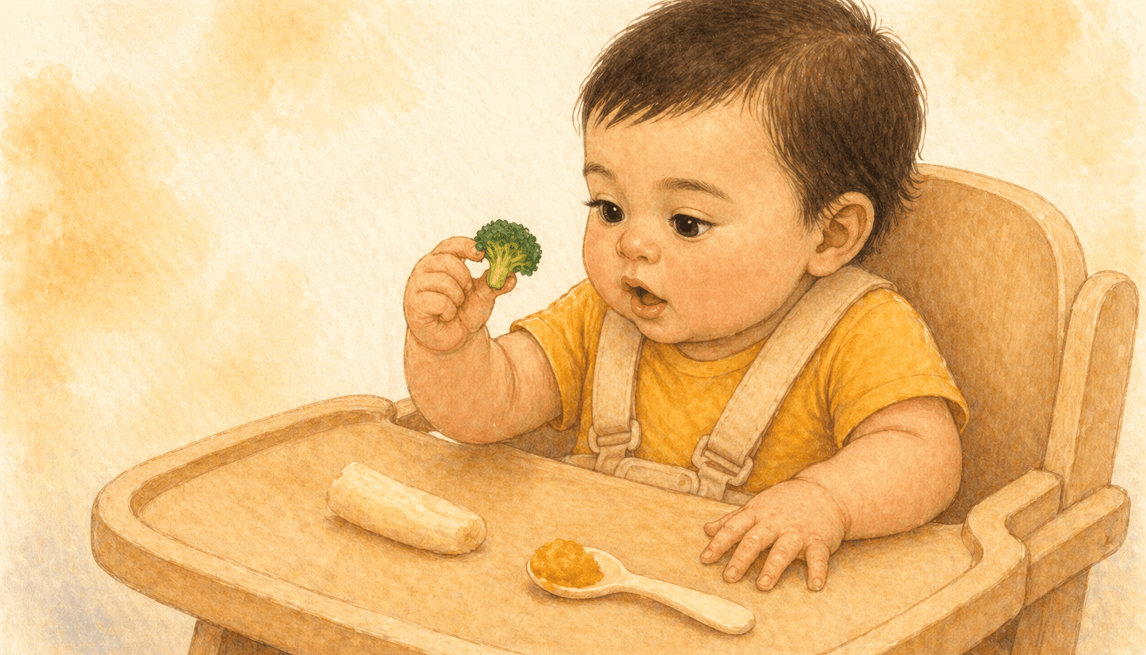 Eight-month-old baby in a high chair using an early pincer grasp to pick up a soft broccoli floret from a tray of banana, broccoli, and mashed sweet potato — fine motor self-feeding during baby led weaning