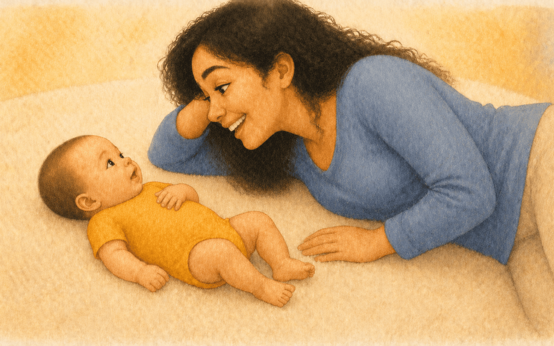Mother lying on her side on a cream rug, face-to-face with alert 6-week-old baby, responding with exaggerated warm smile — serve-and-return interaction before baby's first smile
