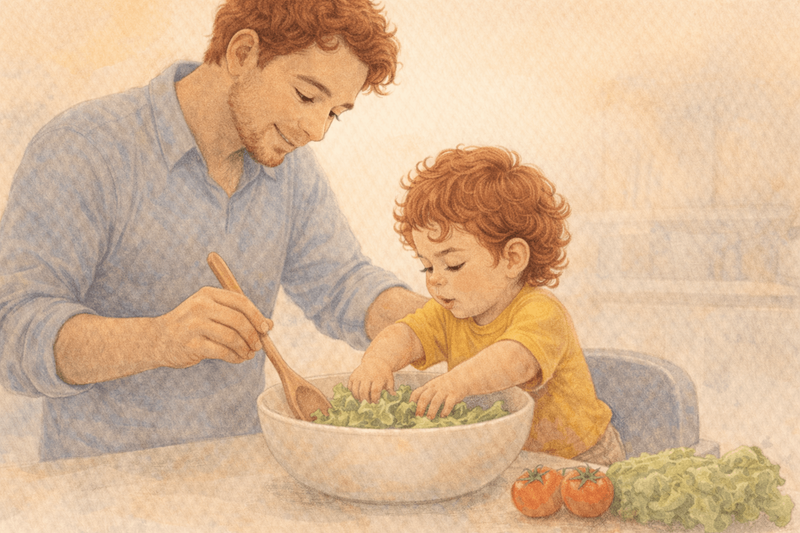 Father and toddler preparing food together at kitchen counter — involving children in cooking reduces picky eating