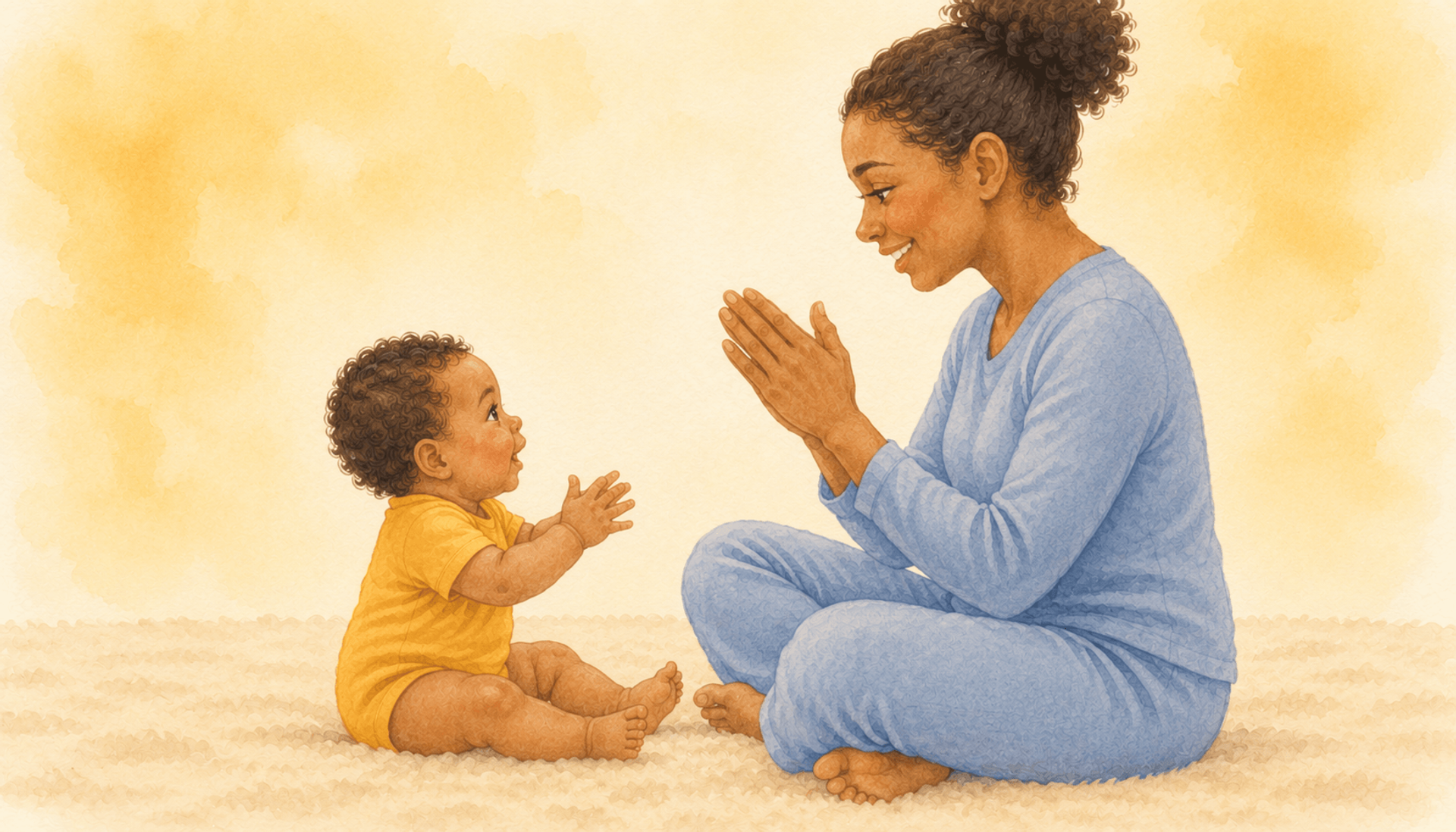 Mother and baby sitting facing each other on a cream blanket, mother demonstrating pat-a-cake with hands pressed together as baby watches intently — baby clapping milestone activity