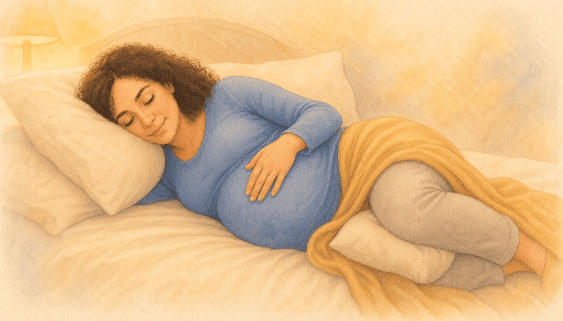 Pregnant woman settling to sleep on her side with a support pillow behind her back — safe third trimester sleep position to lower stillbirth risk