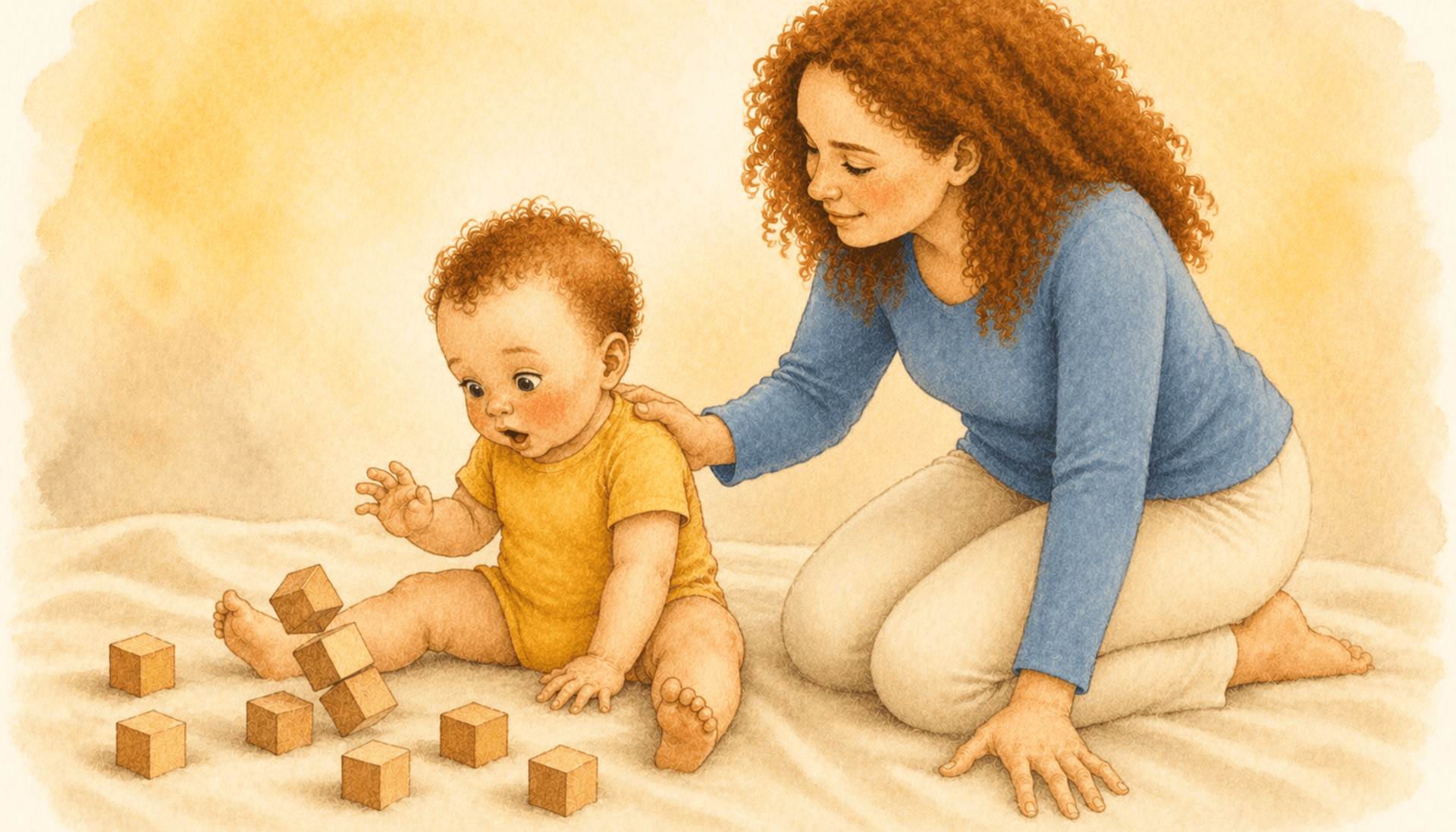 Mother kneeling beside 18-month-old toddler who knocked over block tower — calm responsive parenting moment
