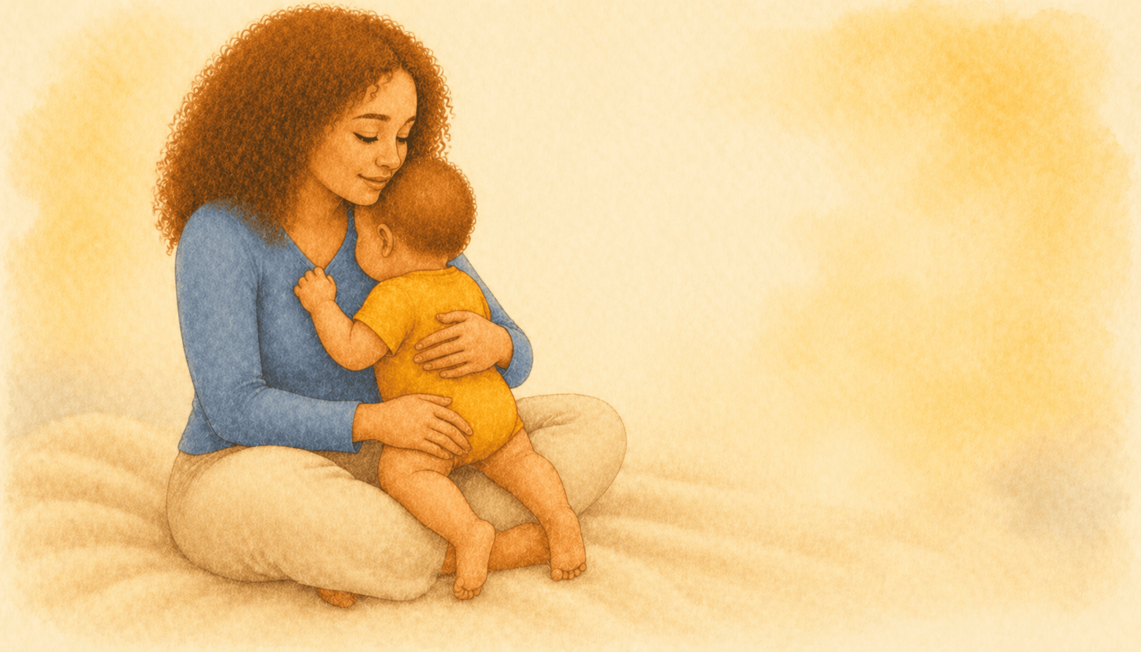 Ten-month-old baby hiding face against mother's chest while sitting in her lap — illustrating stranger wariness and separation anxiety in babies