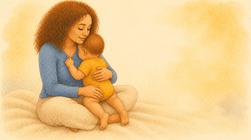 Ten-month-old baby hiding face against mother's chest while sitting in her lap — illustrating stranger wariness and separation anxiety in babies