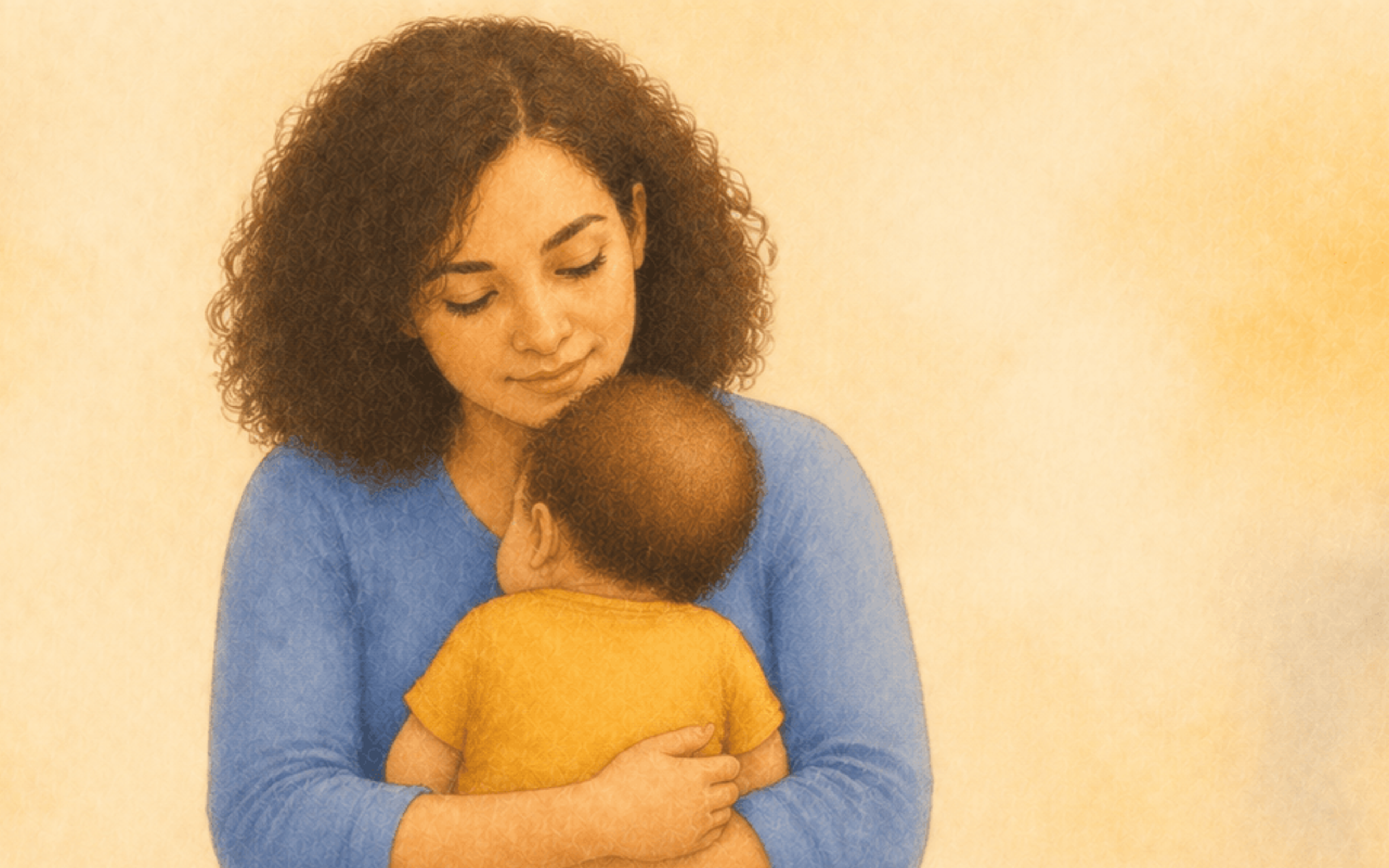 Mother standing and holding sleeping 7-month-old baby upright against her shoulder — illustrating contact nap and proximity calming for baby who won't nap