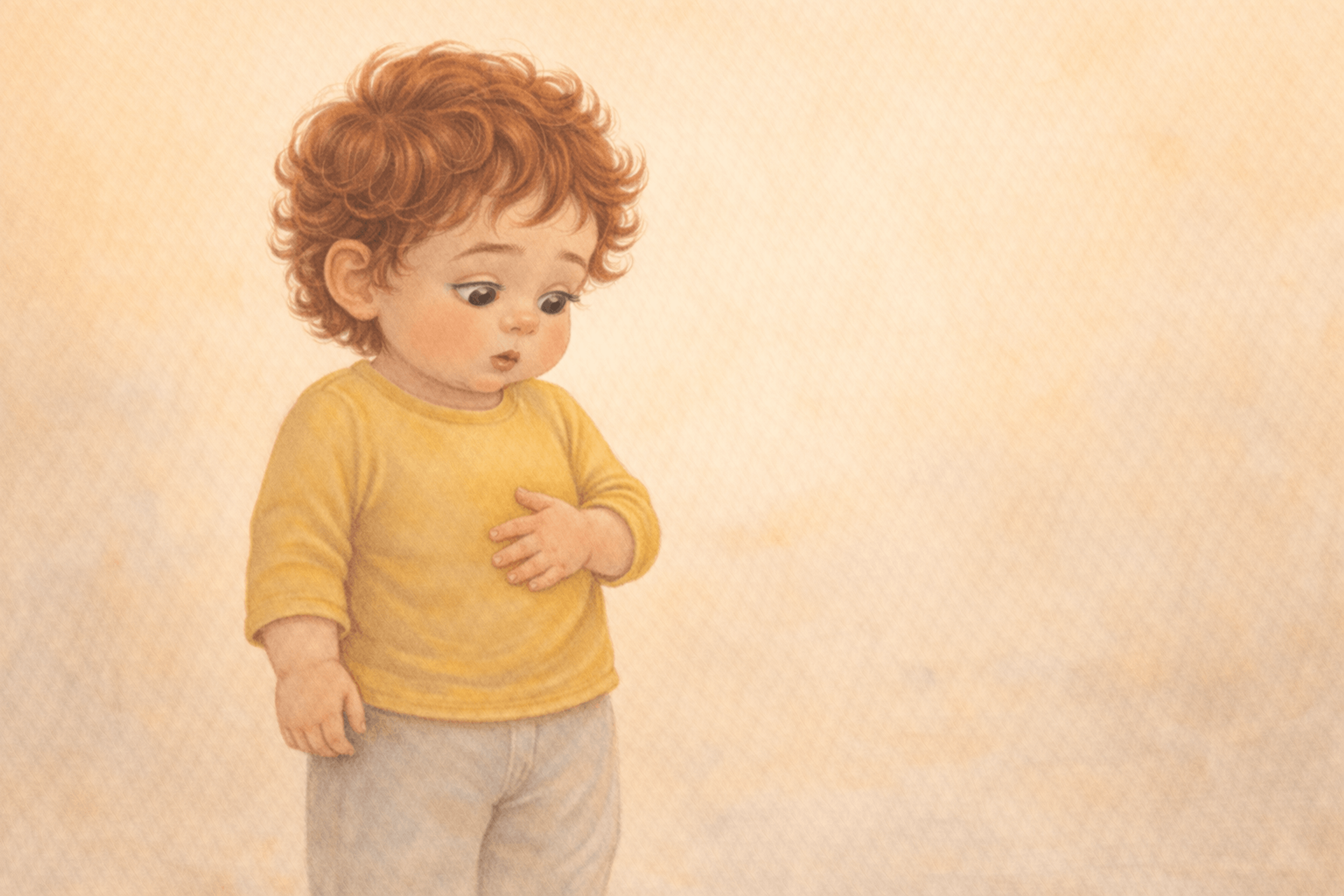 Toddler standing with hand on belly and puzzled expression noticing an internal body signal — interoception and potty training readiness