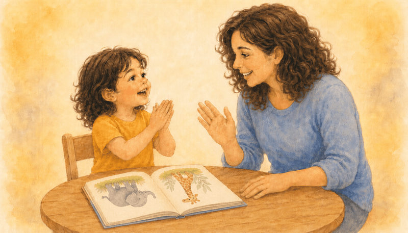 Mother and four-year-old child clapping syllables together over an open picture book — phonological awareness activities for a 4 year old at home