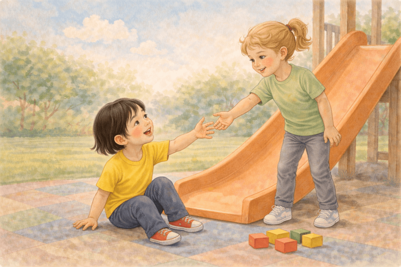 Child offering a helping hand to another child at a playground slide — social-emotional skills for kindergarten