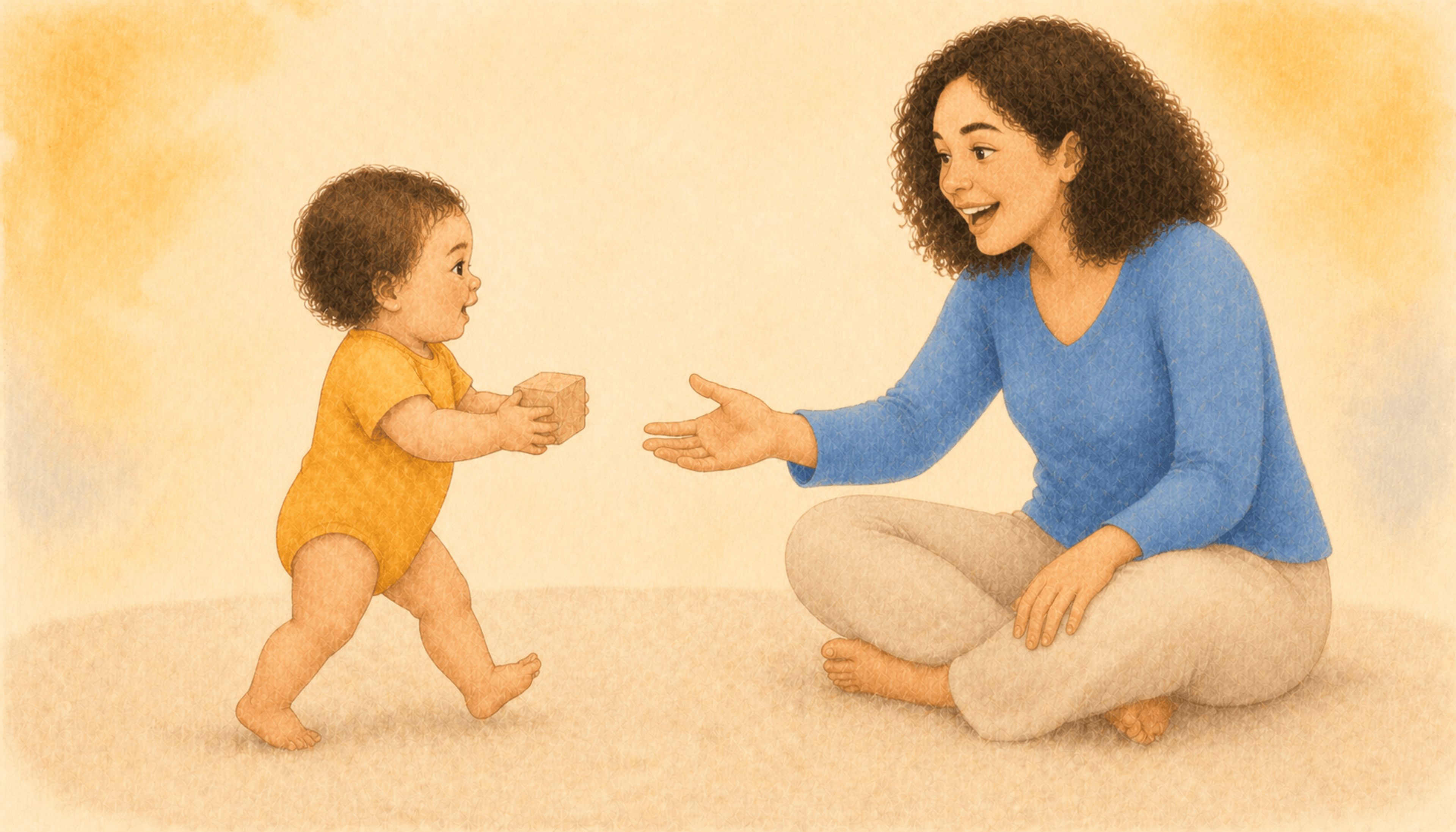 Eighteen-month-old toddler walking across a cream rug carrying a wooden block toward a seated mother — moving bid interaction that accelerates language at 18 months