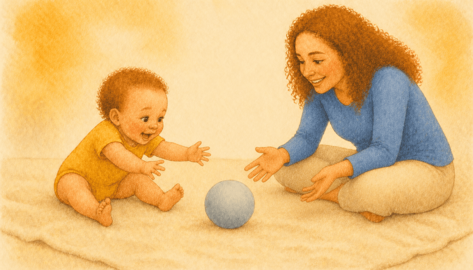 Twelve-month-old baby leaning forward reaching for a soft ball on a cream blanket while mother sits across in a rolling-back-and-forth turn-taking activity