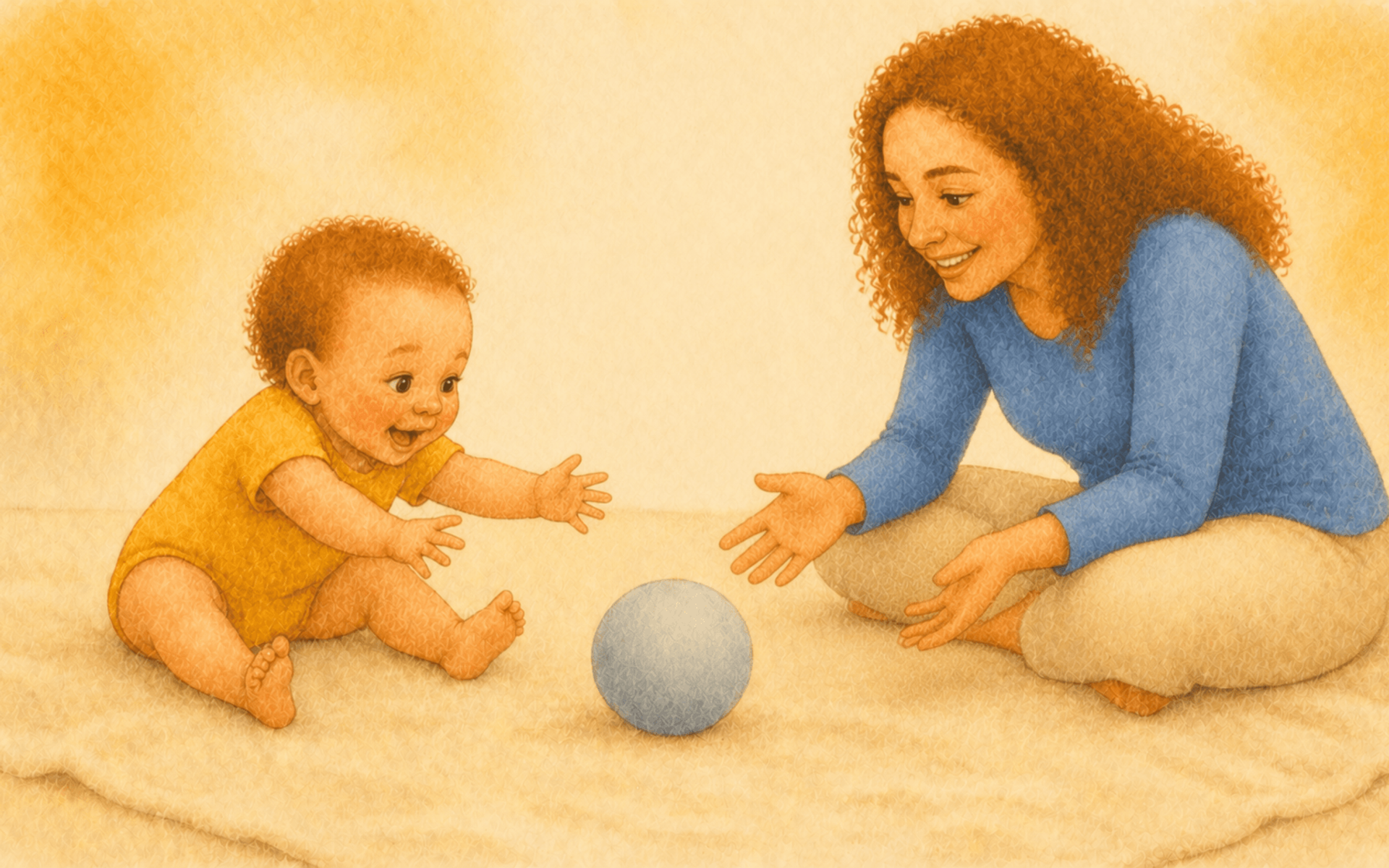 Twelve-month-old baby leaning forward reaching for a soft ball on a cream blanket while mother sits across in a rolling-back-and-forth turn-taking activity
