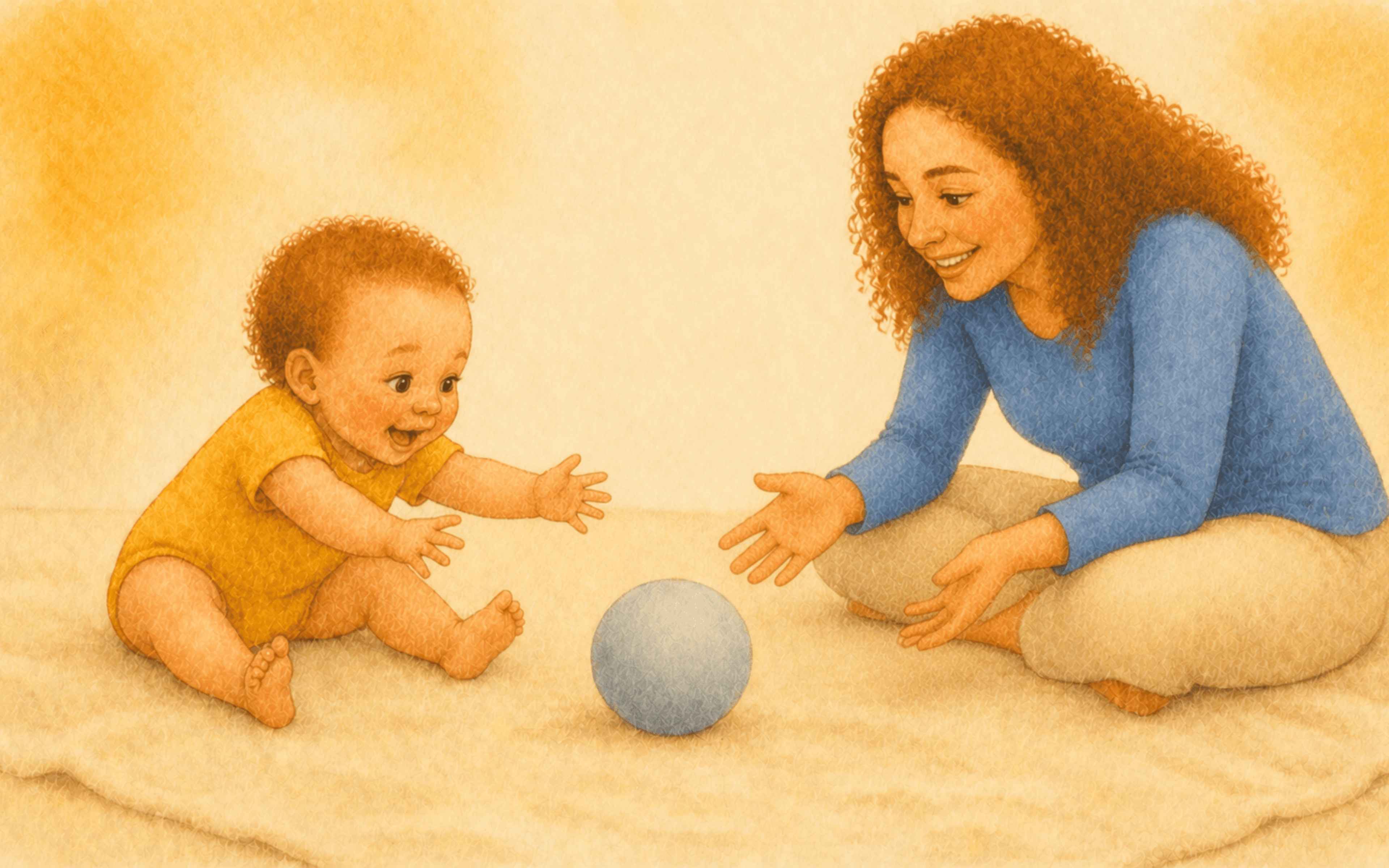 Twelve-month-old baby leaning forward reaching for a soft ball on a cream blanket while mother sits across in a rolling-back-and-forth turn-taking activity