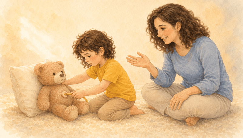 Four-year-old child pressing a toy stethoscope to a stuffed bear while mother watches — pretend play as a 4 year old activity that builds theory of mind
