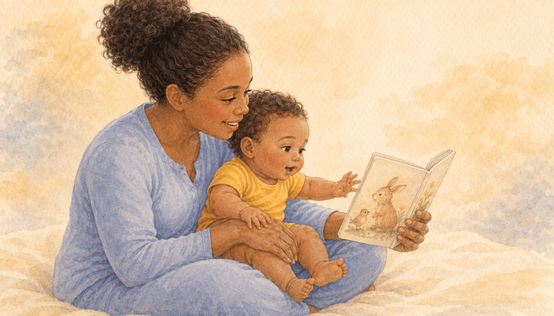 Mother and 8-month-old baby sitting together on a blanket reading an open board book, baby reaching toward the pages — shared reading in the first year of life