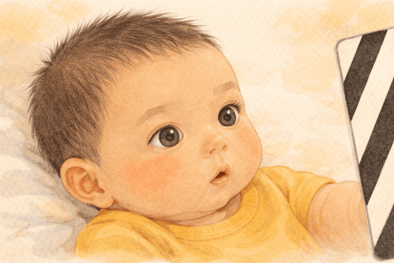 Watercolor close-up of a newborn baby looking intently at the edge of a black and white card
