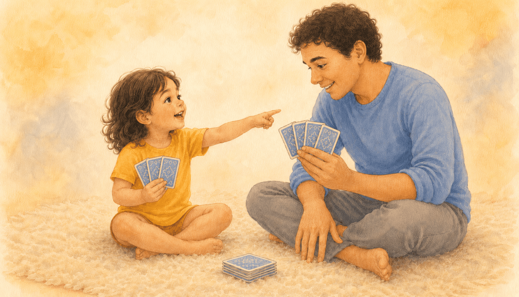 Father and four-year-old child playing a card game on the floor together — rule-based games as activities for a 4 year old that build working memory