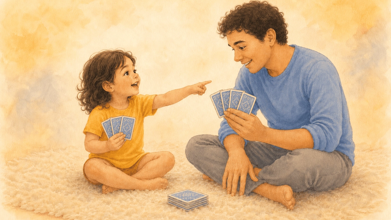 Father and four-year-old child playing a card game on the floor together — rule-based games as activities for a 4 year old that build working memory