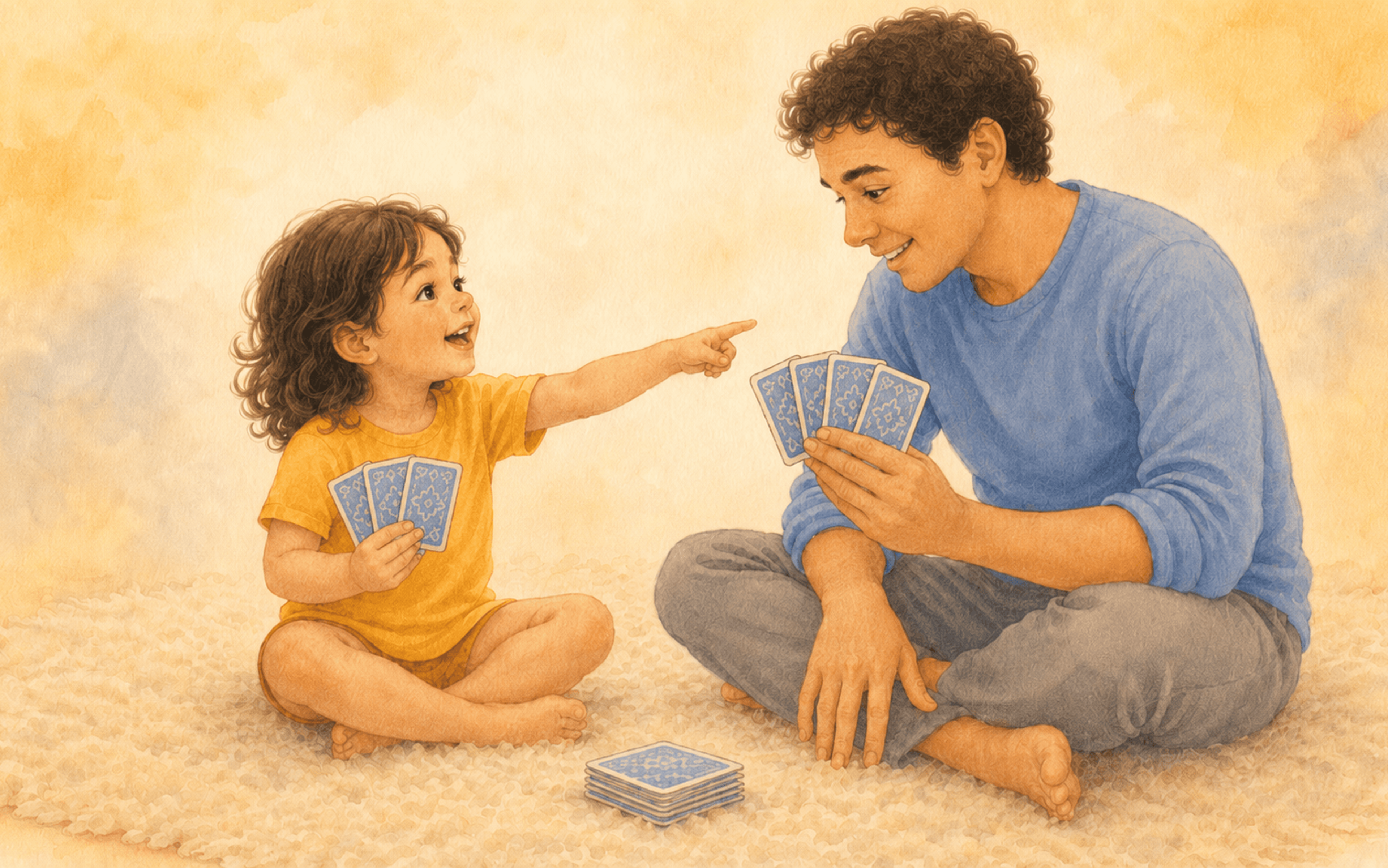 Father and four-year-old child playing a card game on the floor together — rule-based games as activities for a 4 year old that build working memory