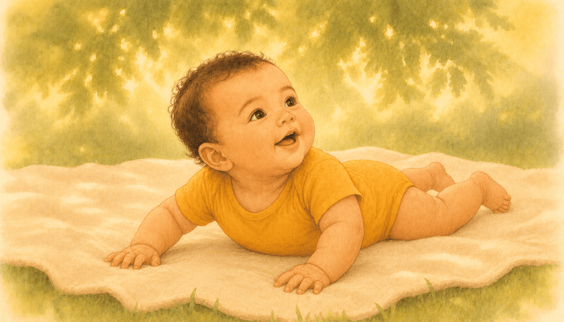 Baby doing outdoor tummy time on a cream blanket in dappled shade, head lifted looking up at leaves — summer activity for babies 3-6 months