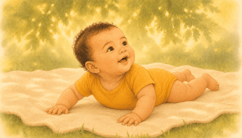 Baby doing outdoor tummy time on a cream blanket in dappled shade, head lifted looking up at leaves — summer activity for babies 3-6 months