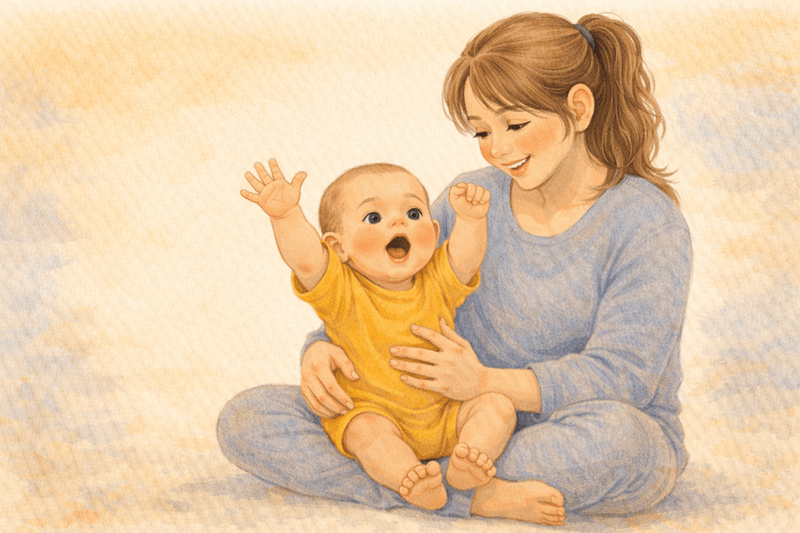 Watercolor illustration of baby babbling enthusiastically while sitting on parent's lap