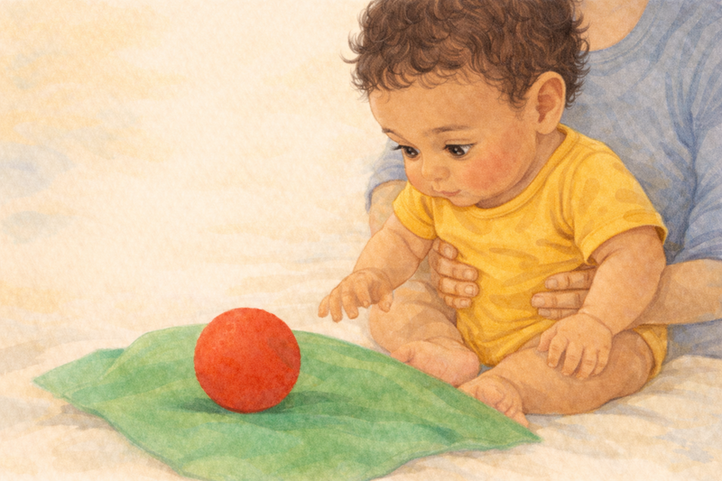 Baby looking at a red ball on a green blanket, demonstrating how color helps separate objects from backgrounds