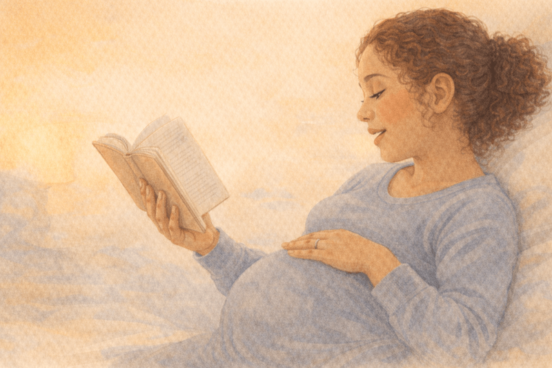 Watercolor illustration of pregnant woman reading aloud with hand on belly