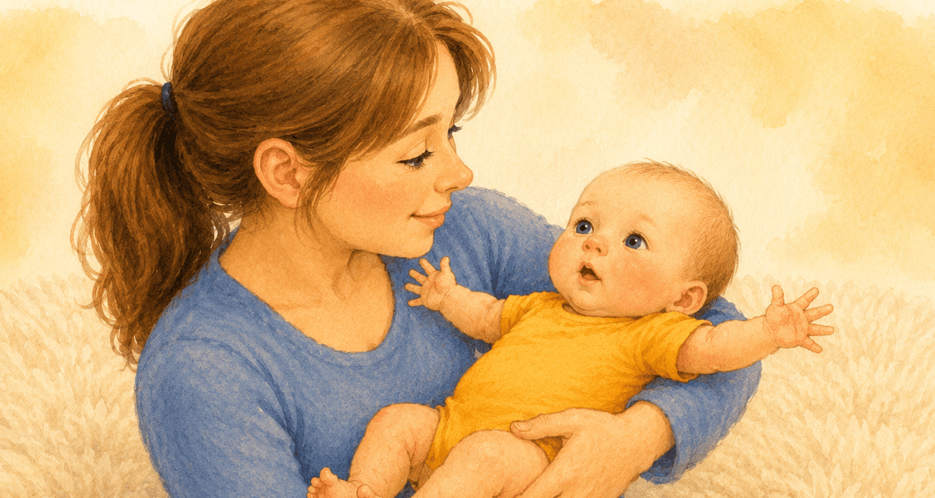 Newborn baby with arms thrown wide open in the Moro reflex while mother holds the baby calmly against her chest