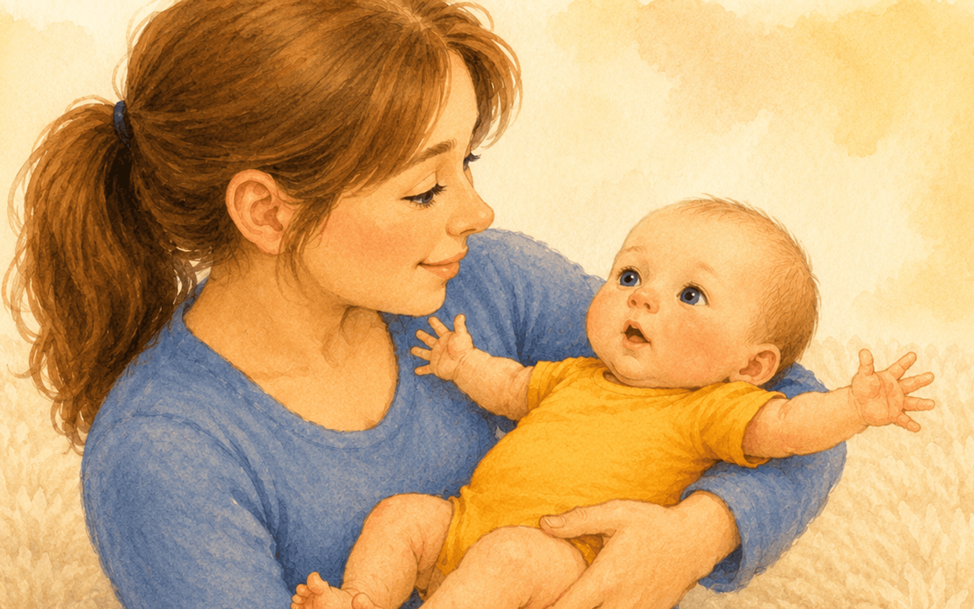 Newborn baby with arms thrown wide open in the Moro reflex while mother holds the baby calmly against her chest