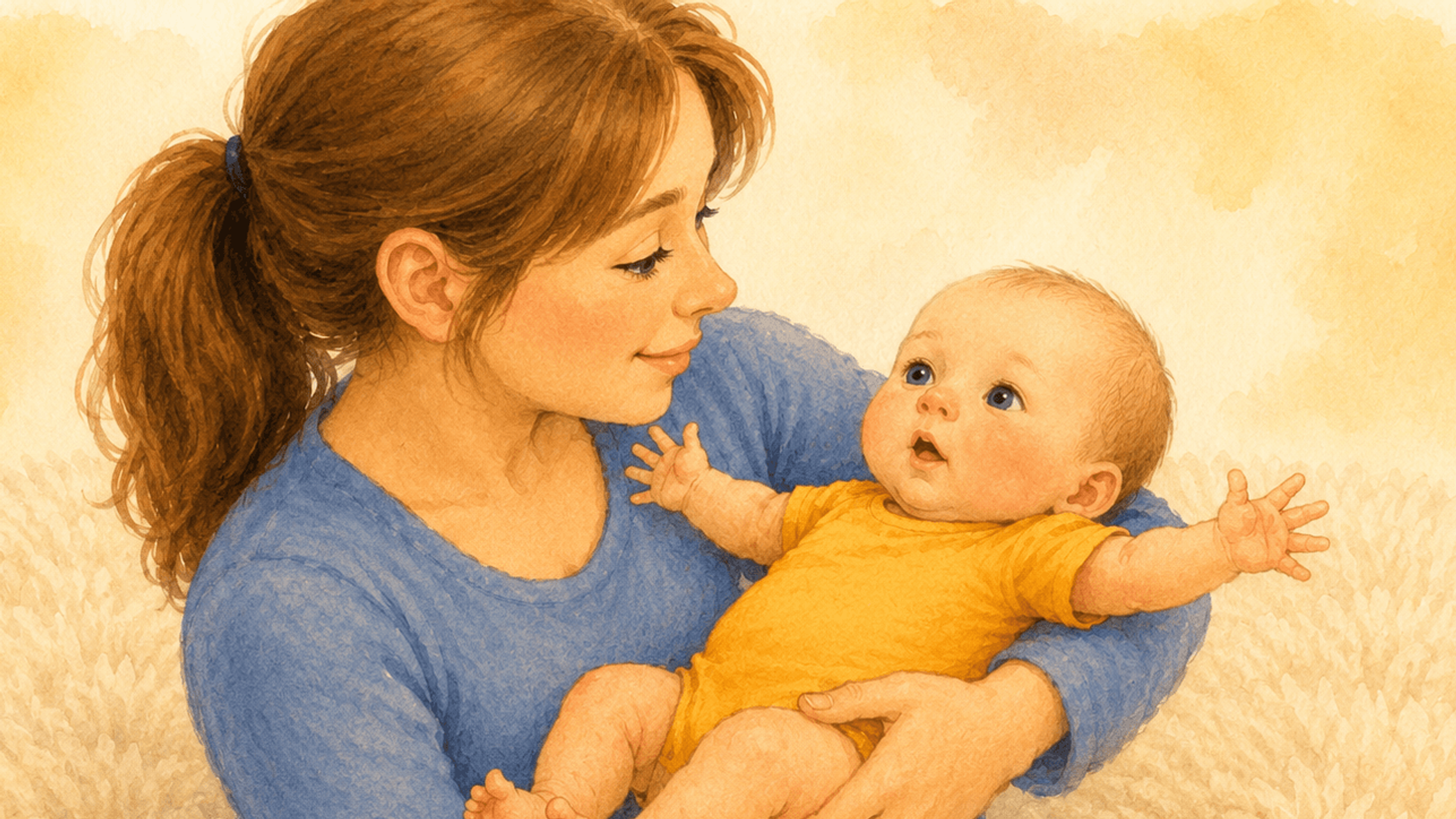 Newborn baby with arms thrown wide open in the Moro reflex while mother holds the baby calmly against her chest