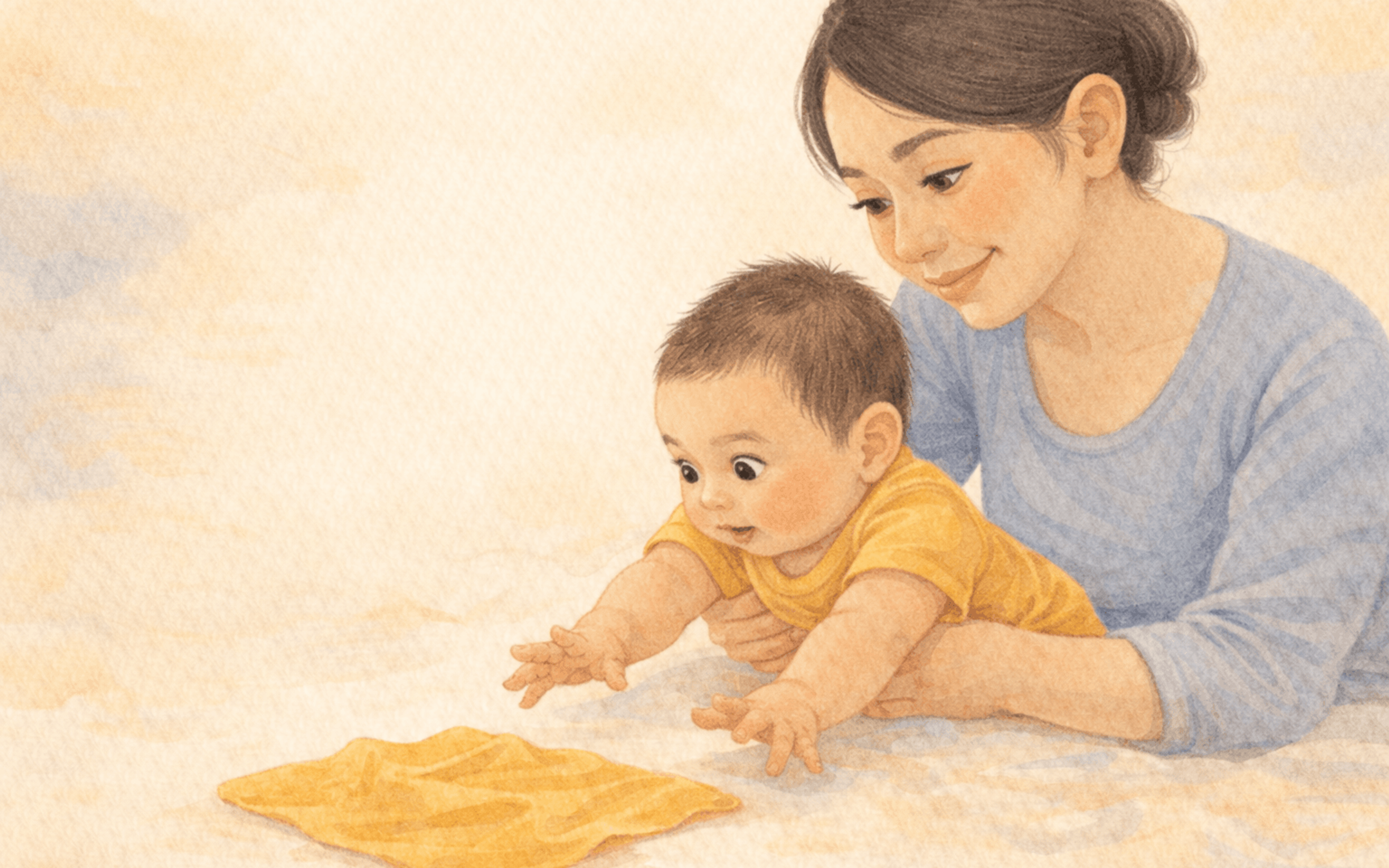 Watercolor illustration of a mother sitting on the floor with a five-month-old baby in her lap reaching toward a crinkly fabric square