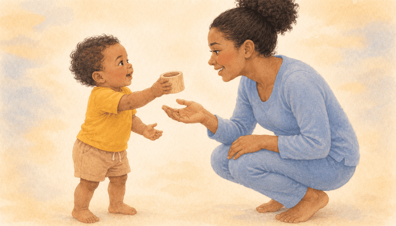 Two-year-old holding up a small wooden cup toward mom who is crouched at eye level — responsive talking interaction that builds 2 year old words and vocabulary