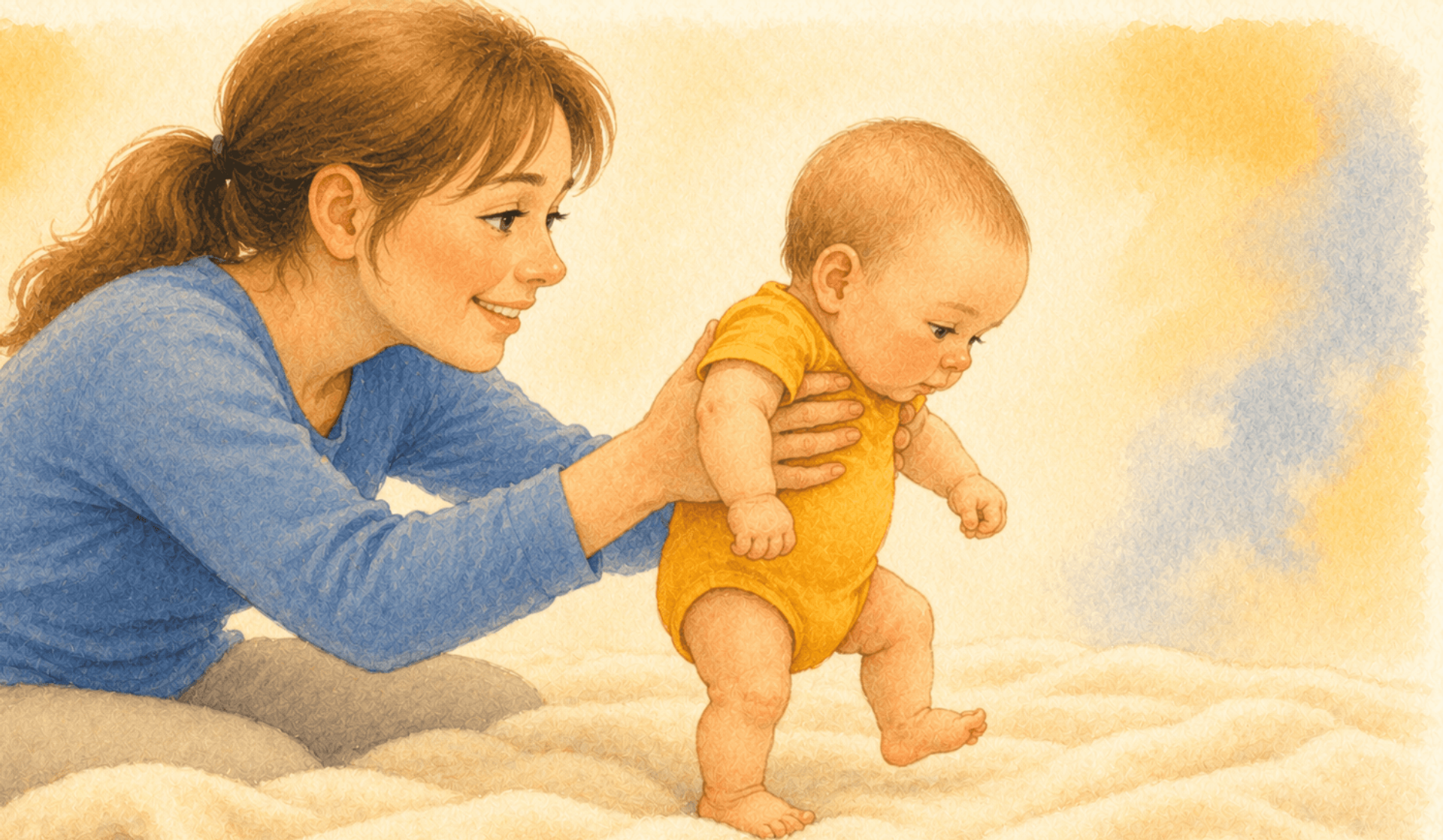 Mother holding newborn baby upright with bare feet touching a soft blanket, one foot lifted in the stepping reflex motion