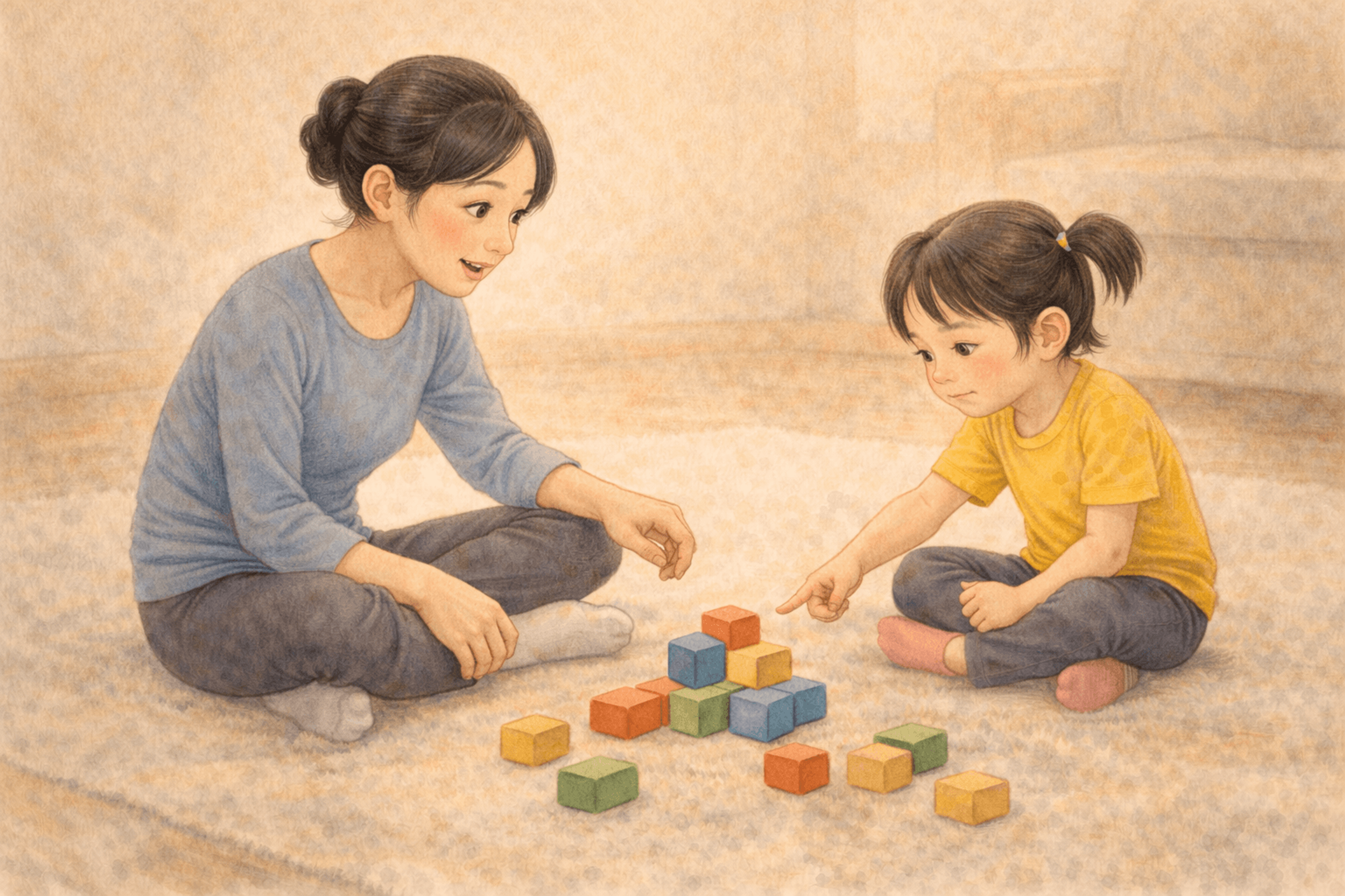 Mother sitting on floor talking to frustrated five year old after block tower fell — naming emotions builds self-regulation