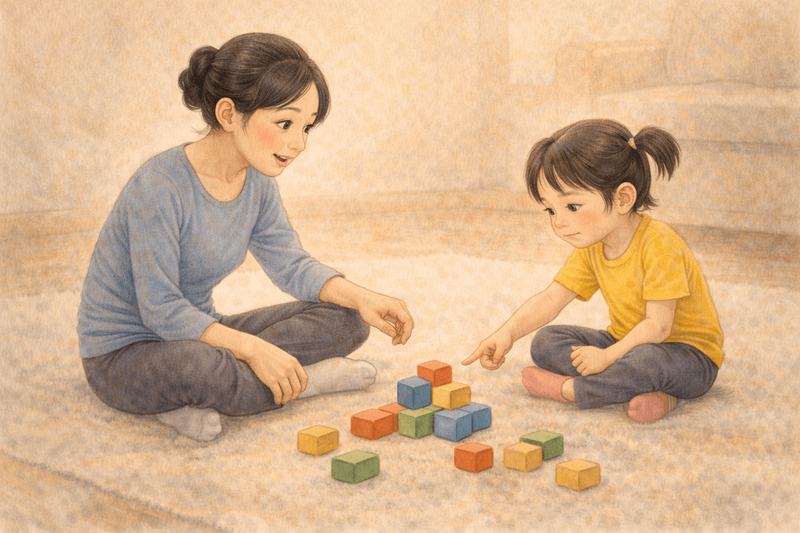 Mother sitting on floor talking to frustrated five year old after block tower fell — naming emotions builds self-regulation