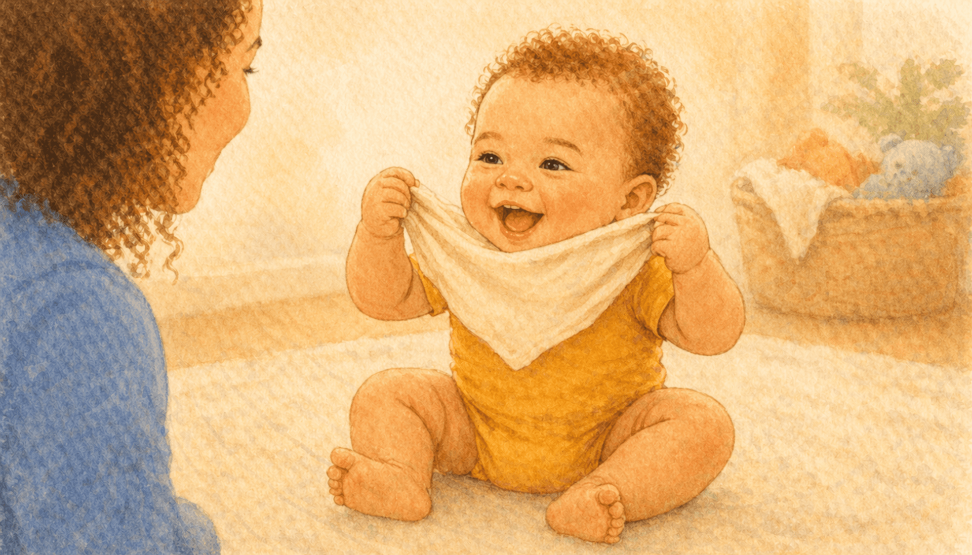 Seven-month-old baby with auburn curls pulling a muslin cloth down off their own face, laughing with anticipation — baby-initiated peekaboo as cognitive prediction