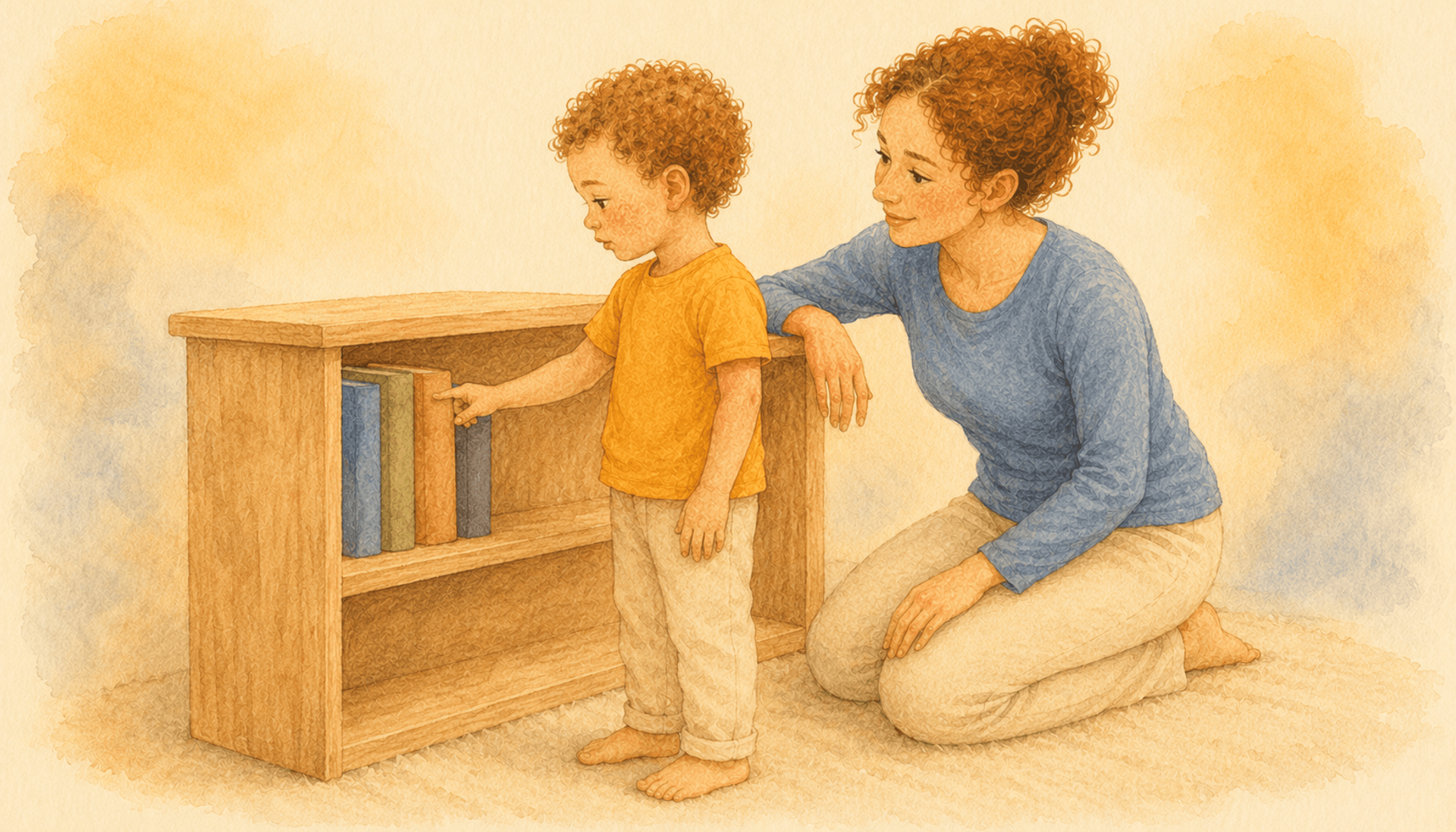 Preschooler choosing between two books at shelf while mother kneels nearby — autonomy support in gentle parenting